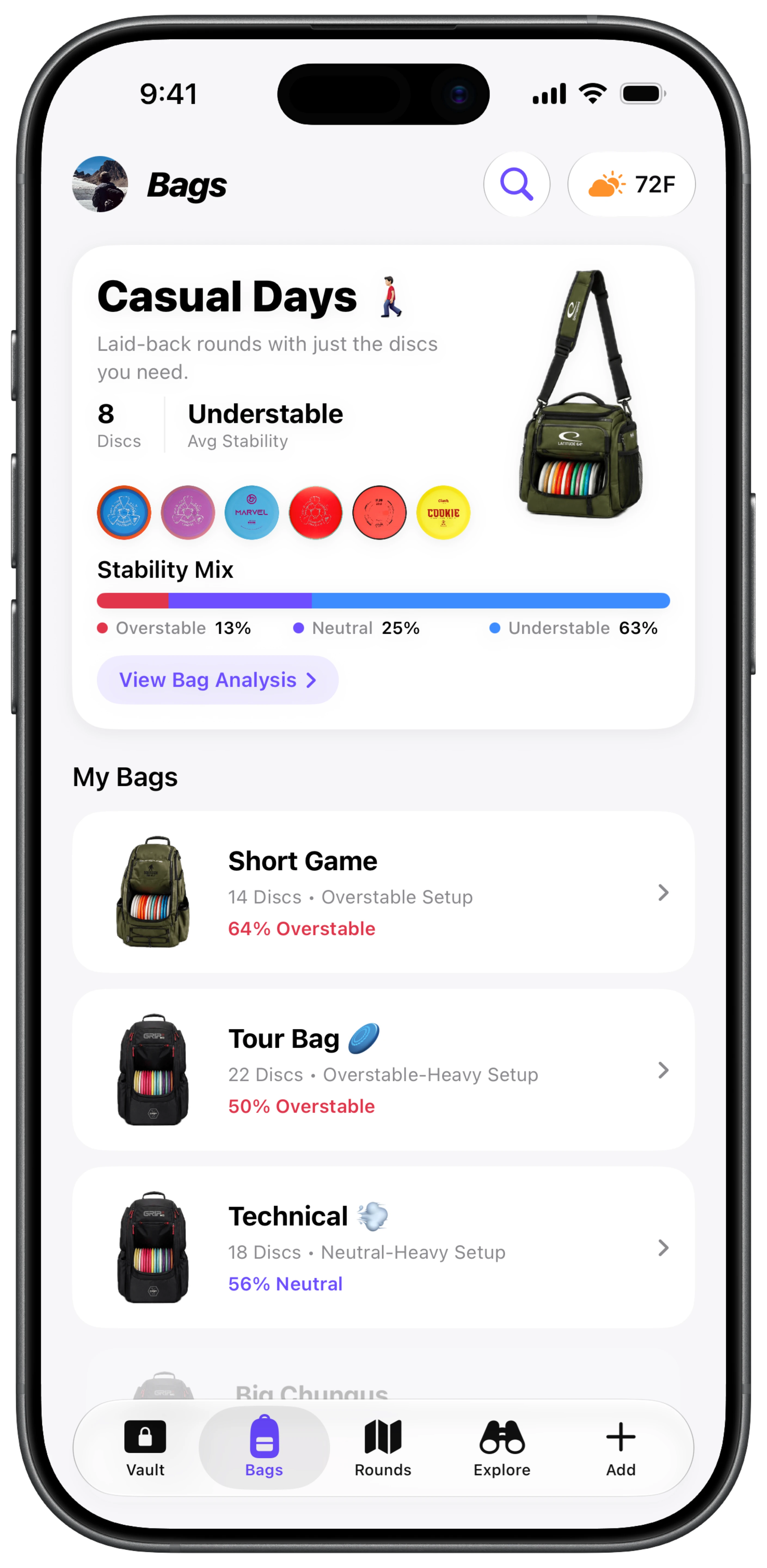 The DiscVault app's Bags tab