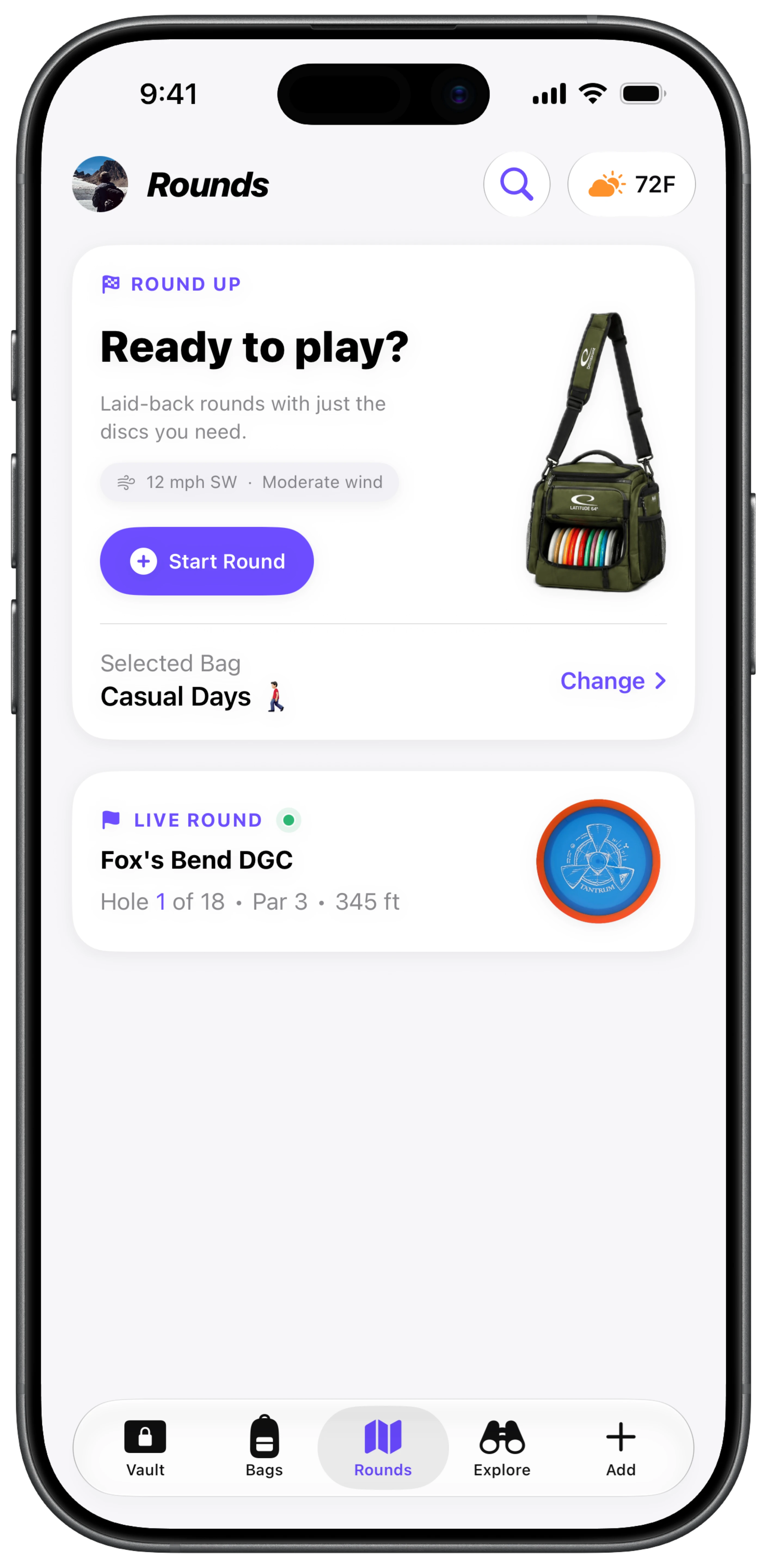 The DiscVault app's Rounds tab